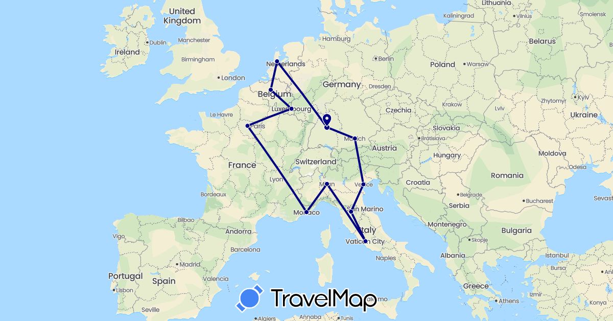 TravelMap itinerary: driving in Belgium, Germany, France, Italy, Luxembourg, Monaco, Netherlands (Europe)